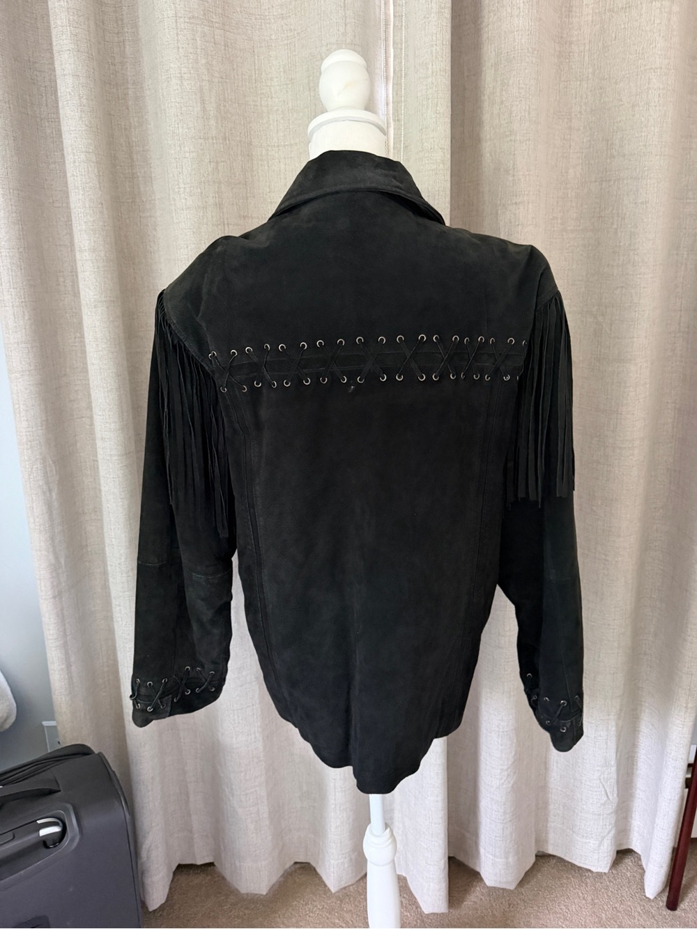 Men’s Black Suede Fringe Leather Jacket - Eyelet Lace-Up Detail